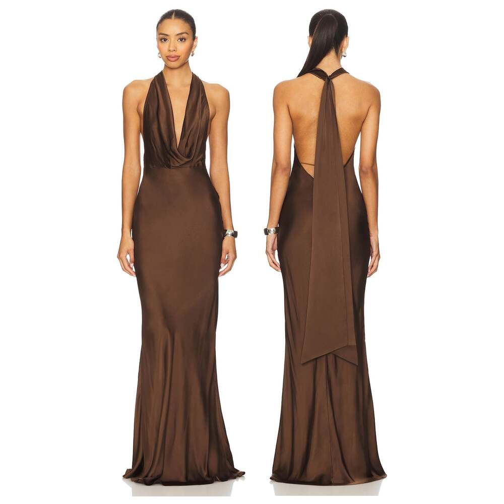 Sau Lee Pearl Gown Maxi Halter Plunge Draped Party Formal Wedding Guest Prom 2